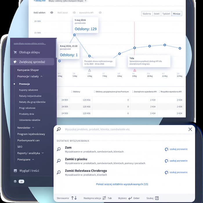 Schemat panelu sklepu internetowego z widokiem kategorii i zamówień